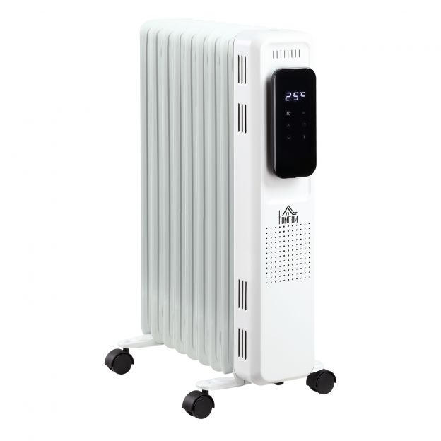 Elektriline õliradiaator 1830-2180W kaasaskantav 3 kütteastet 24-tunni taimer 9 kütteplaati Valge Teras 42,5x24x63cm tõhusaks soojuseks.