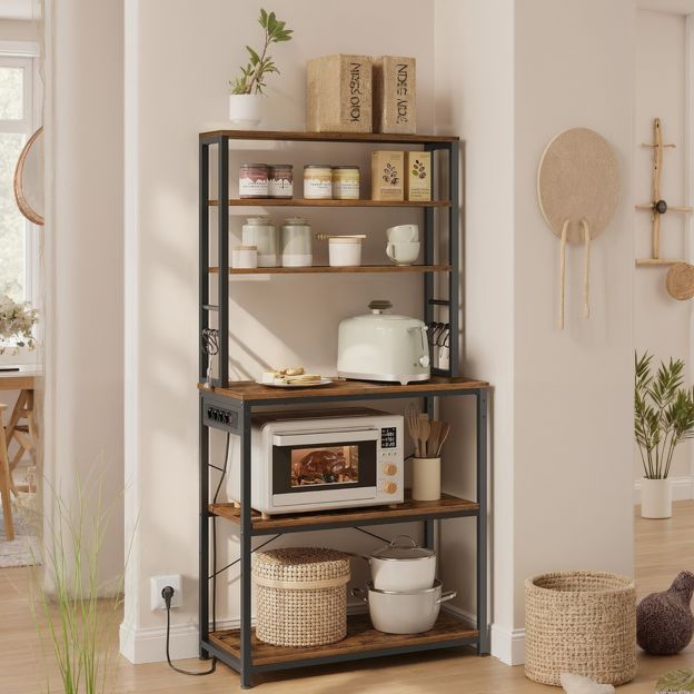 Köögiriiul pistikupesadega, köögi põrandariiul, mikrolaineahju riiul, seisev, 6 riiulitaset ja 6 konksu, mikrolaineahju jaoks, terasraam, 40 x 80 x 167 cm, vintagepruun-tindimust KKS119K06