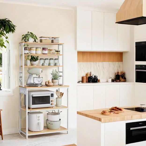Köögiriiul pistikupesadega, köögi põrandariiul, mikrolaineahju riiul, seisev, 6 riiulitasandit ja 6 konksu, mikrolaineahju jaoks, terasraam, 40 x 80 x 167 cm, vintagepruun-tindimust KKS119K06