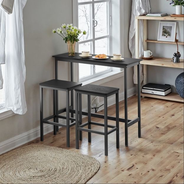 Söögikomplekt, baarilaua komplekt, seisulaud (100 x 40 x 90 cm) koos 2 baaritooliga (igaüks 30 x 40 x 65 cm), metallraam, tööstusdisain, söögituppa, elutuppa, vintagepruun-must LBT218B01