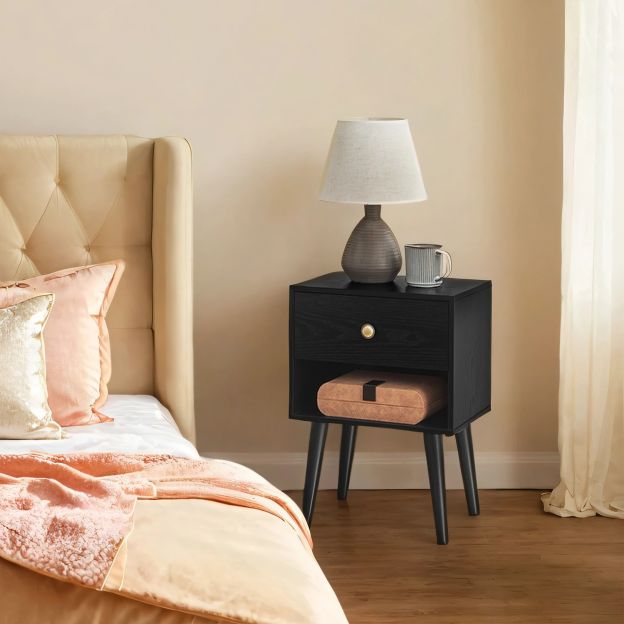 Öökapp, 2-osaline komplekt, abilaud sahtli ja avatud riiuliga, puidust jalad, diivanilaud elutuppa, magamistuppa, diivani juurde, lumivalge LET855W01