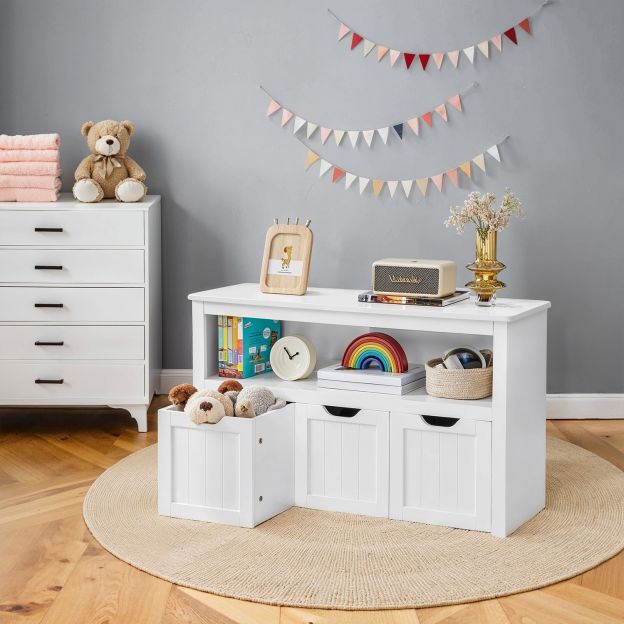 Lasteriiul, laste mänguasjade hoiustamine, hoiukapp, mänguasjakapp, hoiukast ratastega, mänguasjade riiul, lastetuppa, 102 x 30 x 60 cm, valge LHS380W01