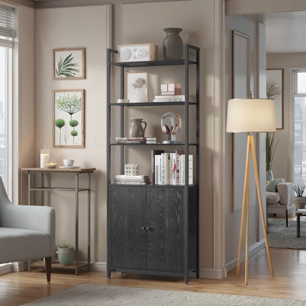 Raamaturiiul, 6 taset, riiul, põrandariiul ustega, metallraam, reguleeritavad riiulid, 24 x 40 x 159,5 cm, elutuppa, magamistuppa, eebenimust-tindimust LLS132B01