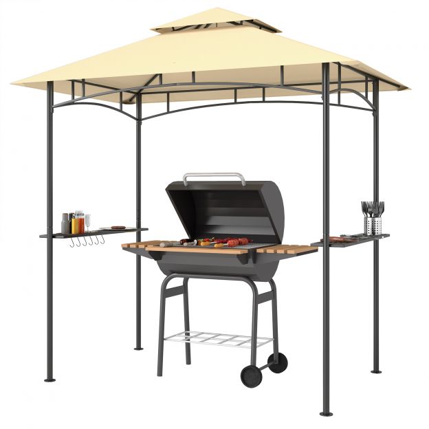 Grillpaviljon LED-iga 240 x 150 x 258 cm veekindel leegiaeglustav aiamajake kahekordse katusega, külgriiulitega, aiapaviljon UV-kaitsega, BBQ paviljon peo BBQ jaoks beež