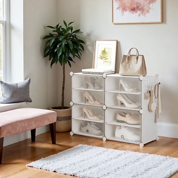 12 sektsiooniga jalanõuderiiul, jalanõukapp, 30 x 40 x 30 cm sektsiooni kohta, kitsas, ustega, terasraam, plastik, valge