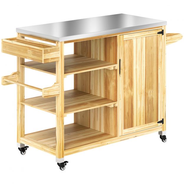 Grillkäru 6-korruseline serveerimiskäru tööpinnaga rätikurest, BBQ grillilaud puidust, grilli abilaud, välikäru, söegrill aeda, terrassile 134,5x50x91,5cm naturaalne puit