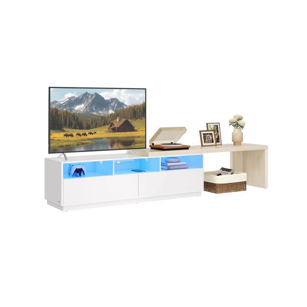 TV-alus, reguleeritav pikkus 162-270 cm, L-kujuline telerikapp, 2 sahtlit, 3 avatud riiulit, LED-valgustus, pistikupesade riba, elutuba, pilvevalge-looduslik beež LTV126W02