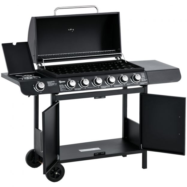 Gaasigrill BBQ grillkäru 6 põletiga 1 külgpõleti kapp multifunktsionaalne metall must 135 x 50 x 100 cm