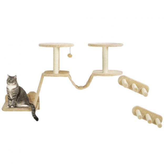 Kasside ronimisseina komplekt, 3-osaline kassimööbel kraapimispuuga, istumispulgad, redel, astmed, kraapimislaud, kassidele kuni 5 kg, sisal, beež