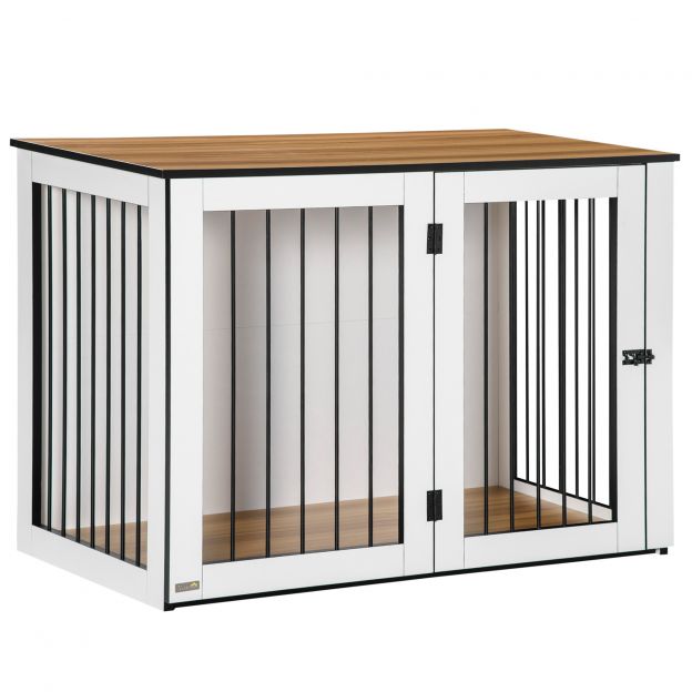 Korterisse mõeldud koerakuut, väikestele/keskmise suurusega koertele, lukustatavate ustega, puitlaastplaat, 106x60x76cm, tume pähkel+valge| Aoso