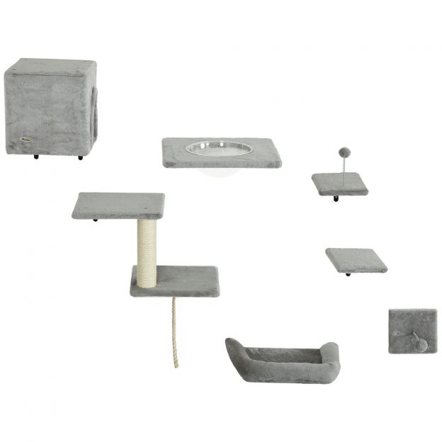 PwaHut ronimissein seintele kassidele, 7-osaline kasside ronimisseina komplekt koos kassimaja, platvormi, kraapimispuu rippuva palliga, plüüsist seinakraapimispuu, kassimööbel kassidele kuni 5 kg, hall