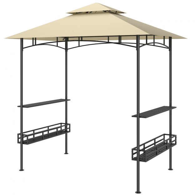 Grillpaviljon 240 x 150 x 257 cm veekindel leegiaeglustav aiamajake topeltkatusega, külgriiulitega, aiapaviljon UV-kaitsega, BBQ paviljon terasest, grillitelk peo BBQ jaoks, beež