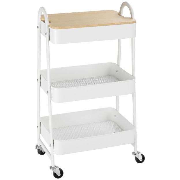 Köögikäru 3-korruseline metallist rullkäru suure hoiuruumi ja kaanega kööki ja kontorisse, teras valge 45x31x79,4cm.