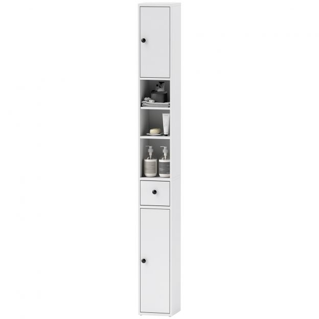 Kitsas vannitoakapp, kõrge tualetikapp sahtli, 3 avatud riiuli, reguleeritava riiuliga, vannitoakapp väikestele ruumidele, vannituba, elutuba 20 x 20 x 178 cm valge