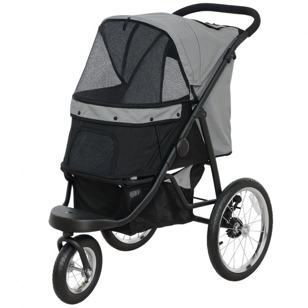 Koerakäru Jogger koerakäru kokkupandav väikestele koertele ja kassidele kuni 10 kg kassikäru 3 suure kummirattaga, padja võrgaknad hoiukorv kassikäru turvarihmadega, hall