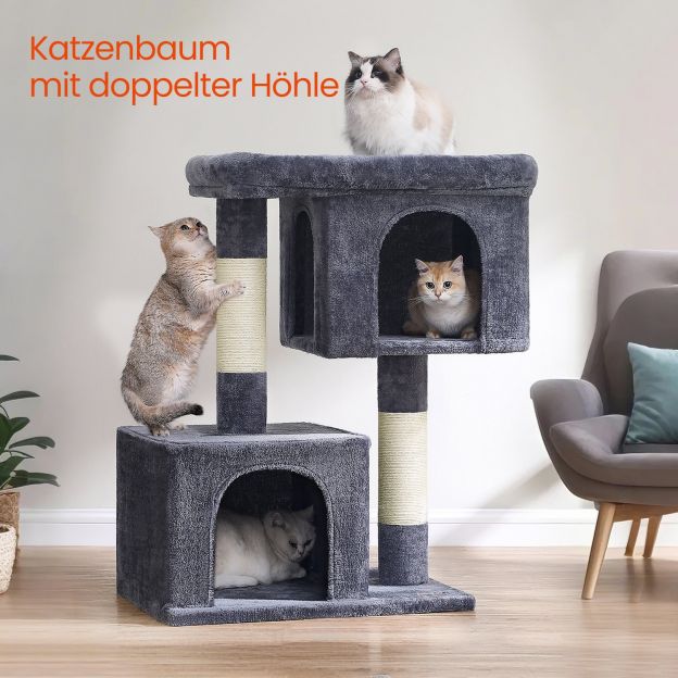 Kraapimispuu, kassipuu suure platvormi ja 2 plüüskoopaga, mängumaja, ronimispuu kassidele, helehall PCT61W