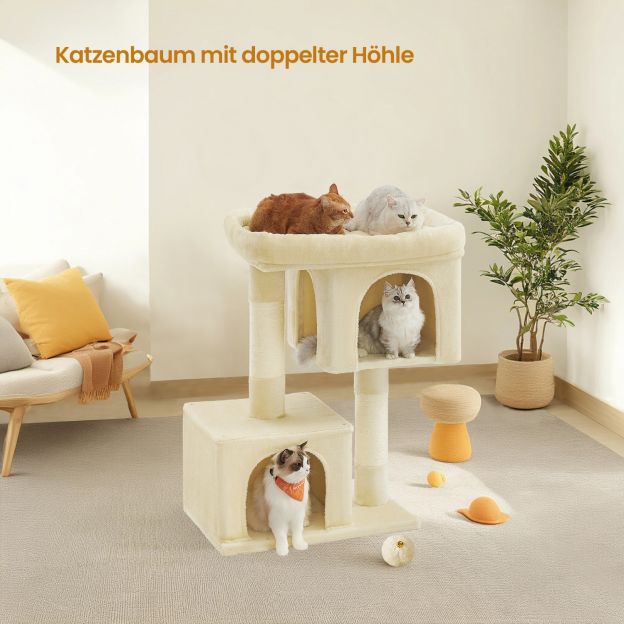 Kraapimispuu, kassipuu suure platvormiga ja 2 plüüskoopaga, mängumaja, ronimispuu kassidele, helehall PCT61W