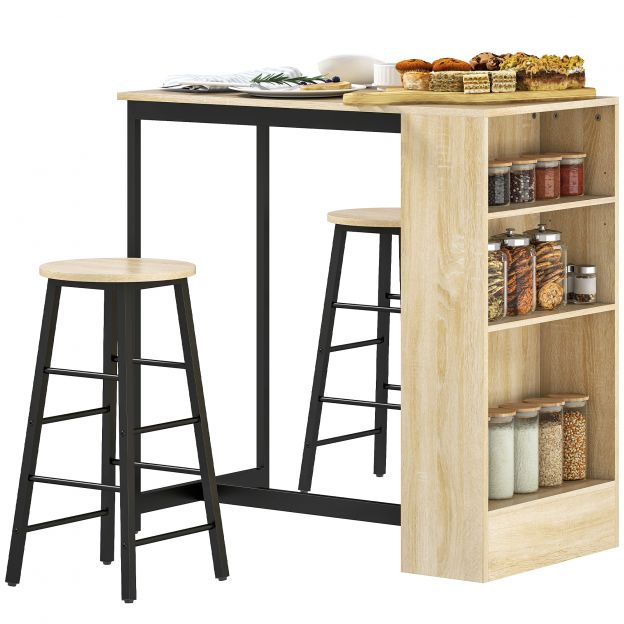 Baarilaud koos baaripukkidega, 3-osaline baarilaudade komplekt koos köögilauaga, hoiuruum, 2 taburetti, jalatoed, modernses stiilis, ruumisäästlik söögikomplekt söögituppa, kööki, teras, tamm.