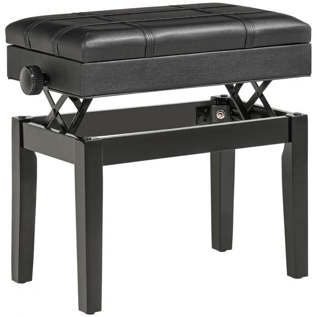 Klaveripink Kõrgusreguleeritav klaveritool hoiuruumiga, nahast padi, must, 63x35x46-56 cm| Aosom