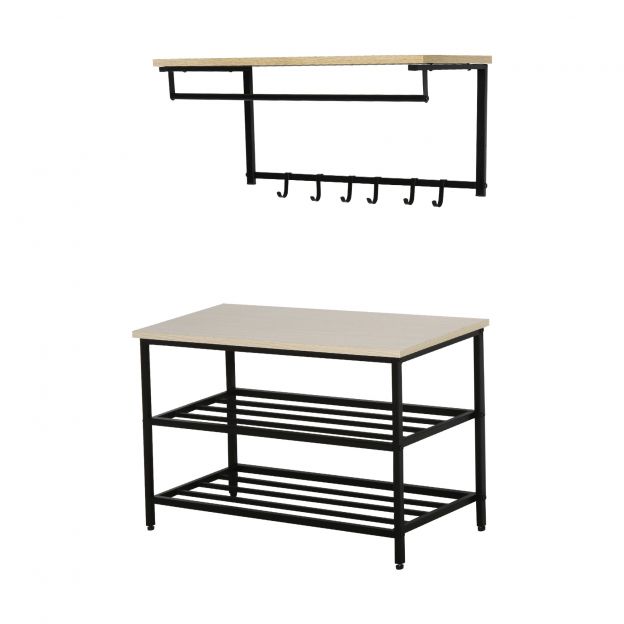 2-in-1 garderoobikomplekt esikusse, pingiga seinagarderoob, 6 konksu, naturaalne+must, 75 x 30 x 45 cm (pink)