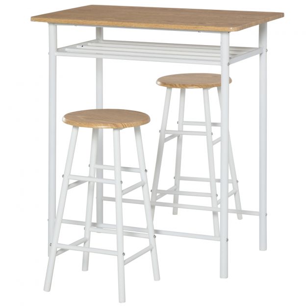 Baarilaud 3-osaline söögilaud 2 baaritooliga söögikomplekt köögilaud ja toolid seisulaud ja baaritoolid hoiuriiuliga MDF-plaat teras valge+tamm 80 x 50 x 90 cm