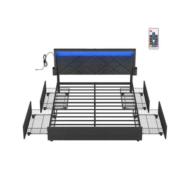 Kaheinimesevoodi raam, voodiraam, 160 x 200 cm, LED, metallvoodi, 4 sahtlit, laadimisjaam, reguleeritav polsterdatud peats, kiltkivihall-mattmust RMB828G02