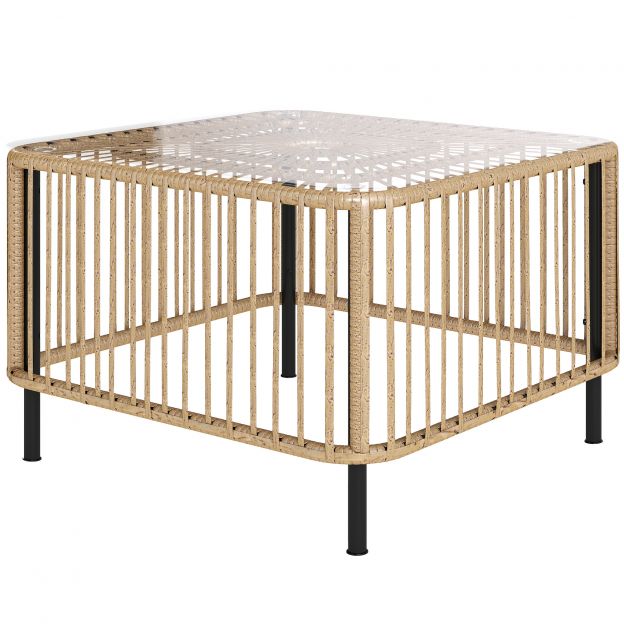 Polürotangist aiatool, 65 x 65 x 43 cm, ilmastikukindel abilaud ruudukujuline terrassilaud klaasplaadiga diivanilaud rõdulauad aiamööbel aeda, terrassile, rõdule naturaalpuit