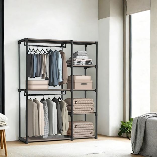 Riidekapp, vabalt seisev garderoob, kokkupandav, riidestange riidepuudega, garderoobistange, hoiustamine, garderoob, magamistuba, stabiilne, 112 x 43 x 165 cm, must RYG24BK