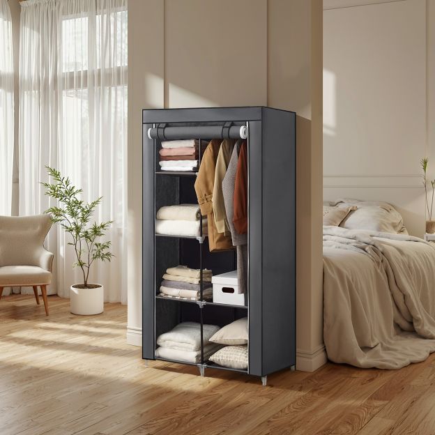 Riidekapp, 1 riidepuu, 6 taset, 88 x 45 x 168 cm, lausriie, metallraam, must