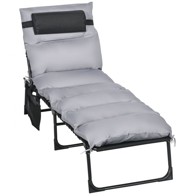 Kokkupandav aialaud 120 kg kandevõimega, 5-astmeline kallutatav seljatugi koos peatoega 58 x 189 x 32,5 cm teras polüester helehall.
