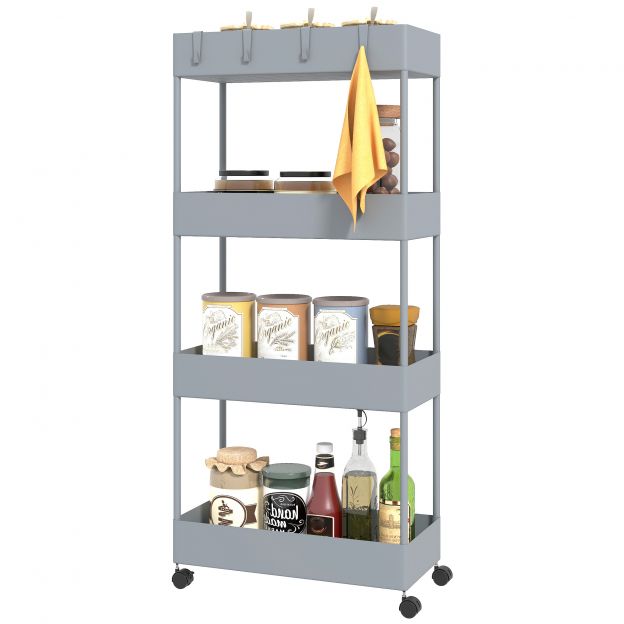 Riiulikäru, köögiriiul 4 tasandiga, ratastega hoiuriiul, köögikäru piduritega, serveerimiskäru kööki, magamistuppa, elutuppa, plastik, hall, 40 x 19 x 90 cm
