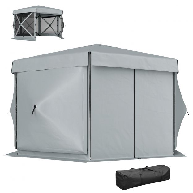Kuusnurkne paviljon, umbes 3,6x3m veekindel pop-up kokkupandav paviljon 5 külgseinaga, kott, kokkupandav peotelk UV 30+ talvekindel aiatelk aiapaviljon telkimiseks, aeda, festivalile, helehall