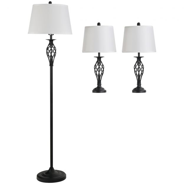 3-osaline lambikomplekt 2 laualampi 1 põrandalamp Vintage Must Valge Metall Puuvill Laualamp Ø38cm Põrandalamp Ø62cm elutuppa