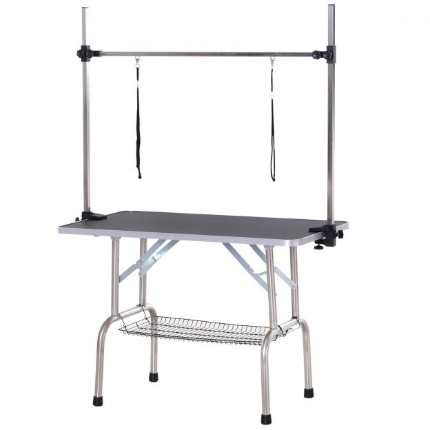 Trimmilaud kõrguse reguleerimisega kokkupandav loomade hoolduslaud koos alumise korviga koertele 107x60x170cm must.