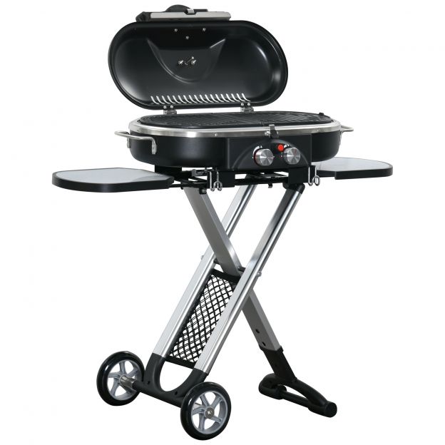 Gaasigrill BBQ grillkäru kokkupandav 2 põletiga ja grillvõrega, roostevaba teras must hõbe, külgriiul ratastega, 2,34 kW, 100x41,6x82,5 cm.