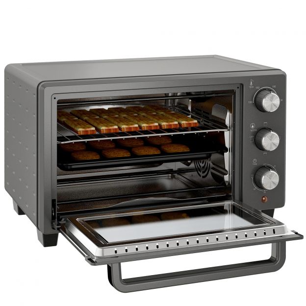 Miniahjuga 21L 1400W 60 min. taimer, väikeahi reguleeritava temperatuuriga 100 °C-230 °C küpsetusajaga, mini ahi küpsetusplaadi, traadist resti, roostevabast terasest lauapliidiga, hall.