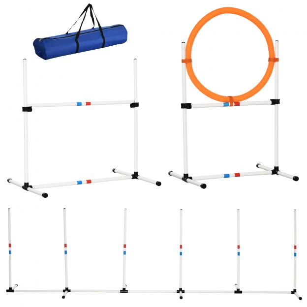 3-osaline koerte agility komplekt lemmikloomadele, koerte treeningkomplekt koos kandekotiga, kergesti transporditav, valge ja kollane plastik.