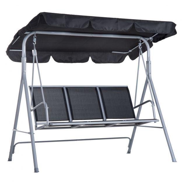 Kolmekohaline Hollywoodi kiik elegantne aiakiik katusega metallraam must hõbe 171x108x154cm aia terrassi jaoks.