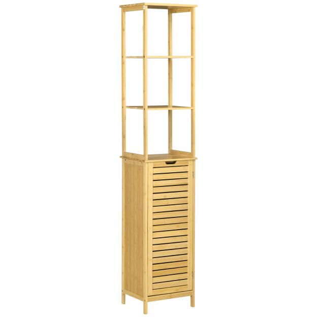 kleankin vannitoa kapp bambusest, 34 x 30 x 173 cm, 3 avatud riiuli ja 1 kapiga, ümberkukkumiskaitse, käepideme avamine, iseseisev, väikestele ruumidele, naturaalne| Aosom