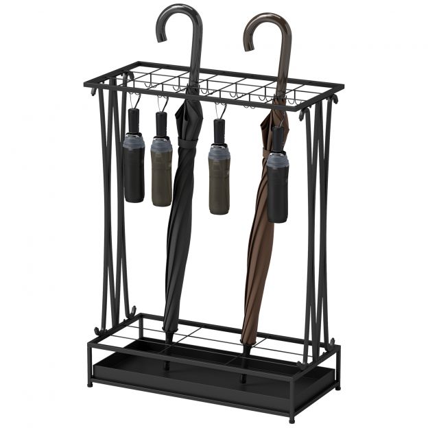 Vihmavarjualus terasest vihmavarjualus, ristkülikukujuline vihmavarjude hoidja 24 konksu, 21 auguga, eemaldatav veeanum jalutuskepid ja vihmavarjud 50 x 24 x 68 cm must.