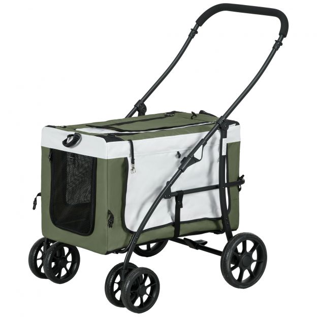 2 in 1 koerakäru koerabuggy kokkupandav koertele ja kassidele kuni 10 kg kassibuggy padja, võrgakende, uste ja hoiukorviga kassikäru buggy tumeroheline