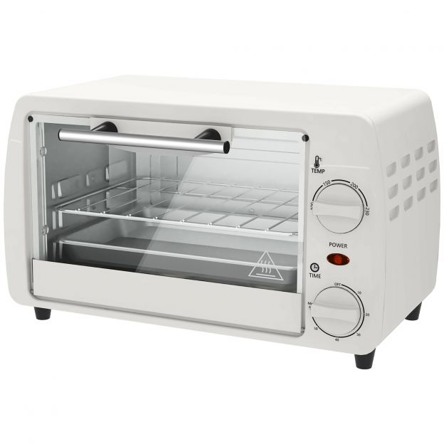 Mini ahju 10 liitrit 750W Väike elektriahi temperatuuriga kuni 230 ℃ Taimer 60 minutit Küpsetusplaat ja rest 36,5x26x22 cm Kreemvalge