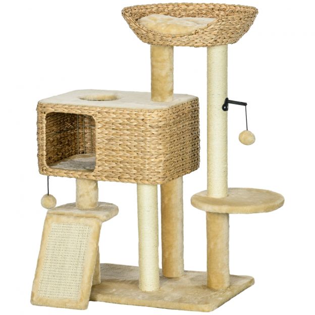 Kasside kraapimispuu 98 cm, kraapimispuu kahe lamamiskohaga, mängupall kassidele kuni 6 kg, kassimööbel, sisal, beež