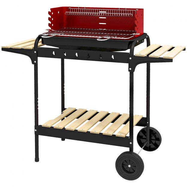 Metallist söegrill BBQ suitsuahi ratastega, kõrguse reguleeritav grillrest, puidust riiul, liigutatav grillkäru söegrill, söegrill barbeque'ks, telkimiseks, terrassile, 103x47x95 cm
