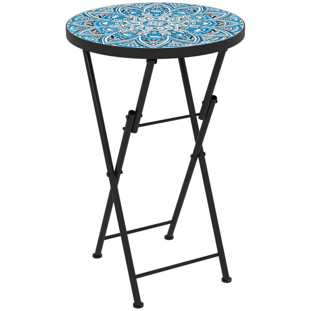 Kokkupandav abilaud aiatool mosaiikdisainiga, Ø35,5 x 55 cm ümmargune ilmastikukindel rõdulau metallist, matkalaud kokkupandav kohvilaud elutuppa kontorisse õue siseruumidesse, sinine