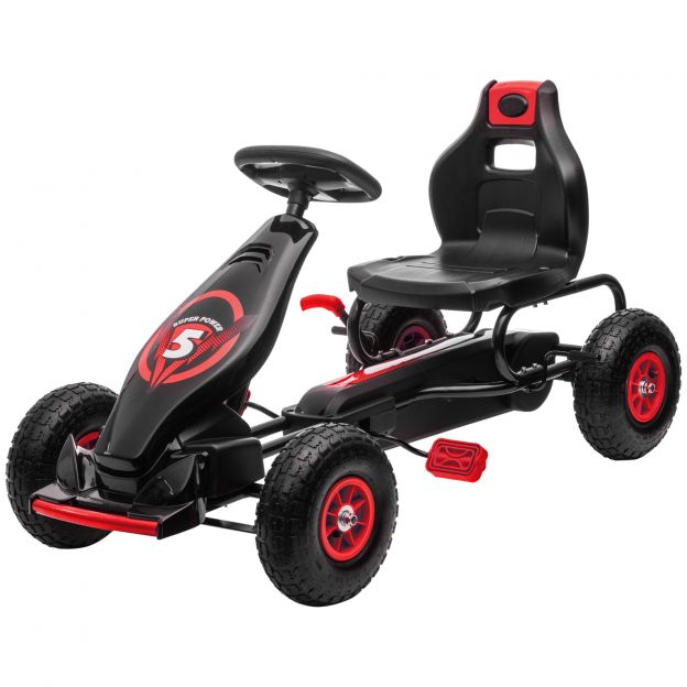 Gokart, laste sõiduk reguleeritava istmega, pedaalsõiduk kummirehvidega, pedaal, käsipidur, 5-12 aastastele, õues, punane+must| Aosom