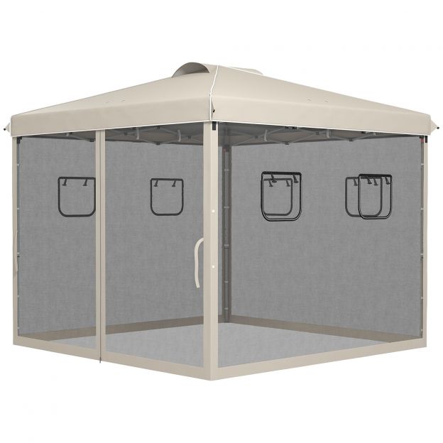 Kokkupandav paviljon 3x3m koos 4 võrkkardinaga, UV-kaitse, Pop Up disain, aknad ja kandekott, beež aiapidudeks.