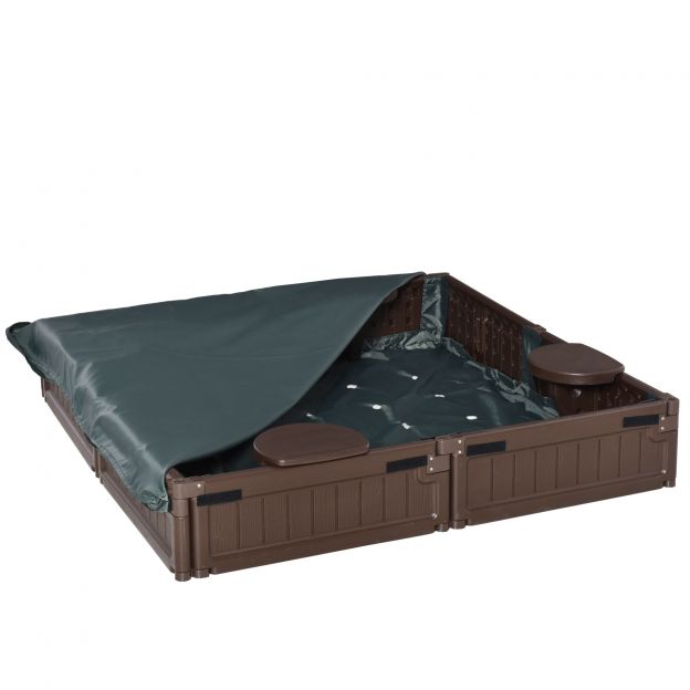 Liivakast Sandbox 4-kohaline koos põhjakatte ja kattega lastele vanuses 3-12 aastat, HDPE, 123x123x21 cm, pruun.