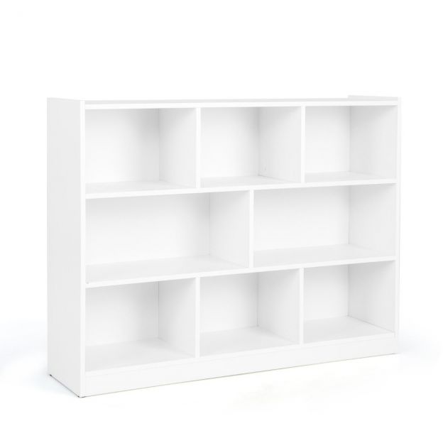 Raamatukapp 8 sektsiooniga, 3-astmeline põrandariiul elutuppa, 122 x 32 x 93 cm, valge