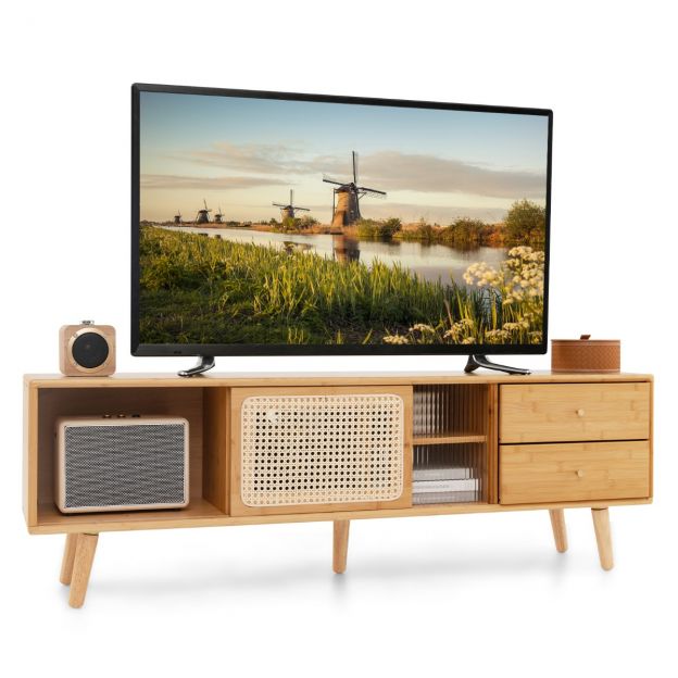 Bambusest telerialus kuni 65" teleritele, mid-century modern stiilis TV-konsool, 140 × 31 × 45,5 cm, naturaalne
